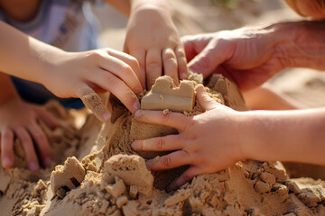  a family's hands building a sandcastle together, each member contributing to the creation of a sandy masterpiece and bonding over shared summertime memories - obrazy, fototapety, plakaty