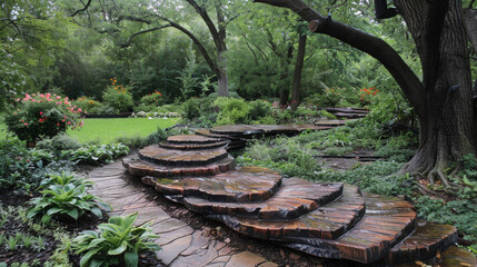 A brick walkway with a tree in the background. The walkway is made of bricks and has a spiral design - Powered by Adobe