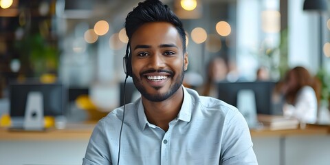 Indian call center agent providing customer support with a smile in office setting. Concept Customer Service, Call Center, Indian Culture, Office Setting, Smiling Professionally - obrazy, fototapety, plakaty
