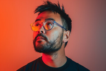 a portrait photo of man with short black hair and short beard and transparent glasses, orange to gray gradient background - Powered by Adobe