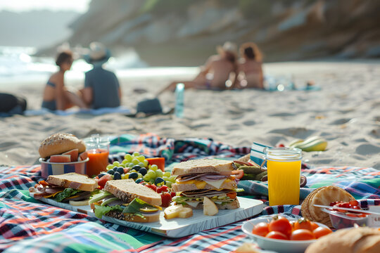 a beachside picnic spread on a checkered blanket, complete with sandwiches, fruits, and snacks for a leisurely outdoor feast enjoyed amidst the sights and sounds of summer 