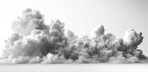 A monochromatic image of a sizable cumulus cloud in the sky against a white backdrop, creating a stark contrast. The natural landscape below includes asphalt road, trees, grass, and horizon line - obrazy, fototapety, plakaty