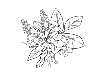 Boutonniere of wild rose flowers and berries Clip art, set of elements for design Outline hand drawing vector illustration. In botanical style