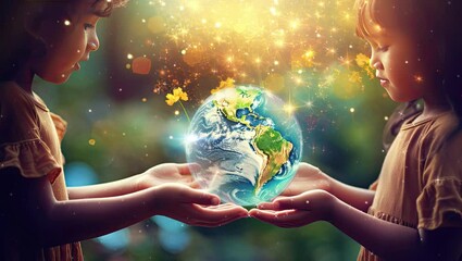 International day of peace concept, african children holding earth globe, group of multiracial children holding planet earth planet earth over defocused garden background.