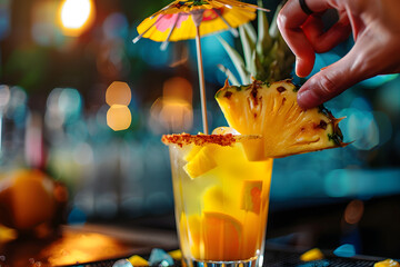 a hand garnishing a tropical cocktail with a slice of fresh pineapple and a colorful umbrella