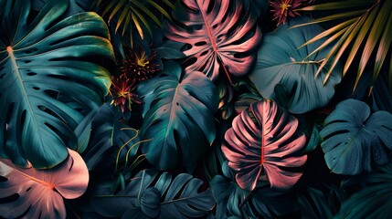 Colorful tropical leaves, dark background. Wallpaper Mural