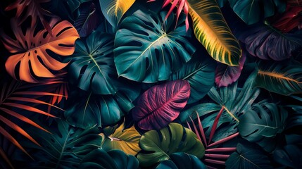 Lush colorful tropical leaves, dark background. - obrazy, fototapety, plakaty
