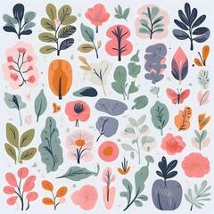 A collection of seamless pattern, colorful abstract plants and flowers. Hand drawn Collection of leaves and flowers. A close up of a pattern of flowers and leaves.
