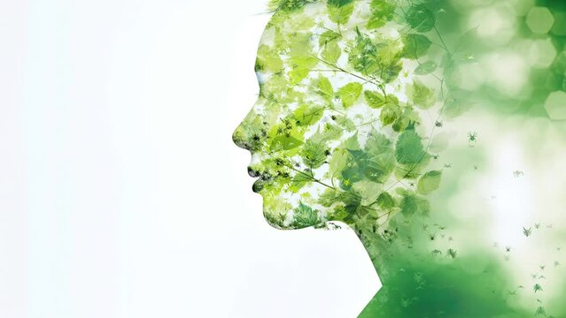 save the green planet concept with face covered with green plants from one side, illustration with double exposure,