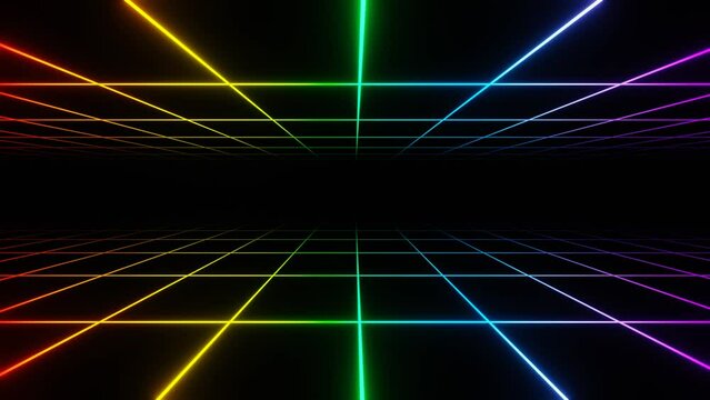 3d retro neon rainbow abstract background with laser lines. Pride LGBT Synthwave grid videogame style. Vj futuristic sci-fi 80s 90s y2k wireframe net. Disco music template Animation 30fps 4k loop
