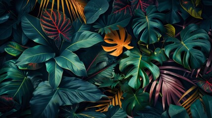 many brightly colored tropical plants are on a black wall - obrazy, fototapety, plakaty