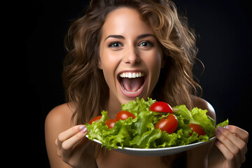 happy young woman with a plate of green salad with tomatoes. beauty, health and healthy nutrition with vitamins