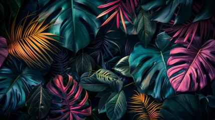 colored tropical plants are on a black wall