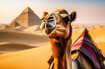 A camel looks into the camera against a backdrop of desert pyramids and bright sky. Tourism, invitation to travel - obrazy, fototapety, plakaty