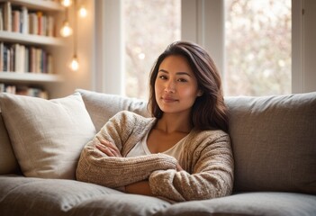 A woman relaxes on a couch, peaceful in her living room.