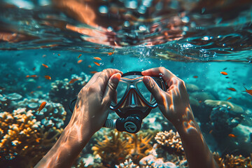 a pair of hands adjusting the straps of a snorkel mask - obrazy, fototapety, plakaty