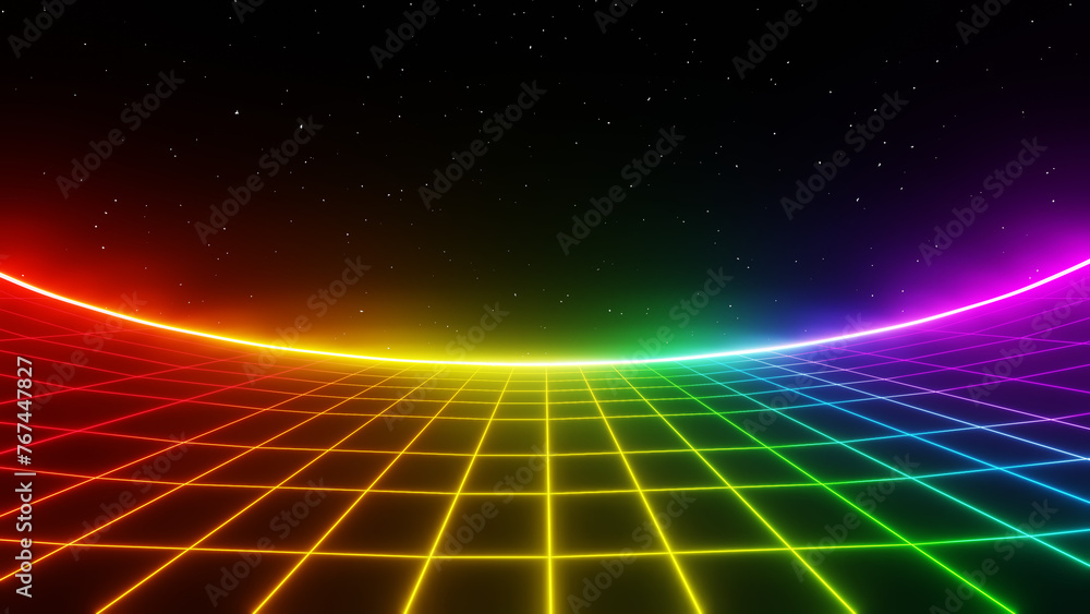 Poster 3d retro neon colorful abstract background with laser lines shine bright. synthwave grid videogame s