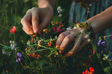a pair of hands weaving a flower crown from freshly picked wildflowers