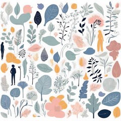 A collection of seamless pattern, colorful abstract plants and flowers. Hand drawn Collection of leaves and flowers. A close up of a pattern of flowers and leaves.
