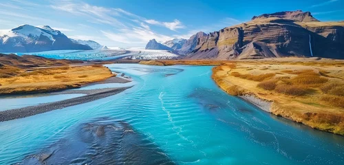 Foto auf Acrylglas Abstract background of bright blue river flowing near mountains and glacier in Iceland © ILOVEART