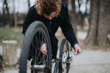 A focused young male entrepreneur fixes his bicycle on a tranquil park pathway, embodying an active...
