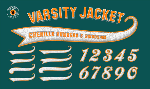 A collection of letter jacket style numbers and swooshes. A script font numeral set with the effect of puffy chenille fabric patches.