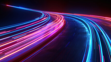 Neon Light Trails on Curved Roadway
