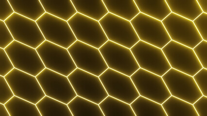 3d abstract background with honeycombs. Futuristic grid hexagon wireframe neon glowing yellow pattern. Sci-fi retro music template
