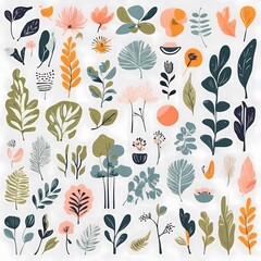 A collection of seamless pattern, colorful abstract plants and flowers. Hand drawn Collection of leaves and flowers. A close up of a pattern of flowers and leaves.
