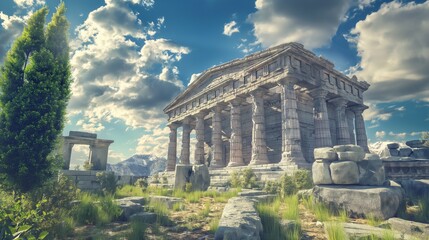 Obraz premium 3D illustration of Roman ancient greek temple with clouds background.