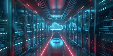 Devices connected to cloud storage in a data center through the Internet for smart home communication and online AI. Concept Cloud Storage, Data Center, Internet Connectivity - obrazy, fototapety, plakaty