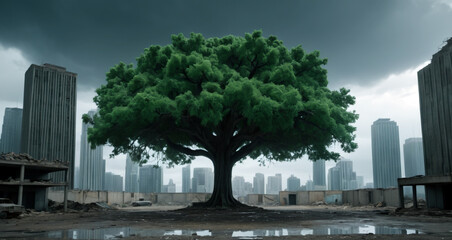 Fototapeta na wymiar The tree that is the last living creature in the ruined and abandoned city - Generative AI