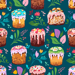 Happy Happy Easter seamless pattern. Vector set of traditional Easter cakes - 767448489