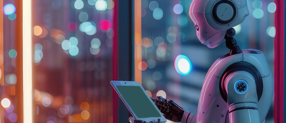 robot doctor in a hospital room with a tablet in his hands against the background of a window with multi-colored city lights. The concept of future technologies.