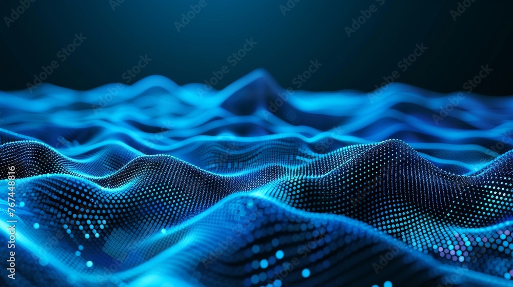 Poster digital network link stream connecting wave of data particles in information technology