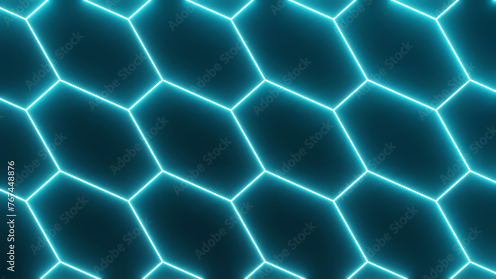 Poster 3d seamless pattern. abstract background with futuristic grid alien hexagon wireframe neon glowing o