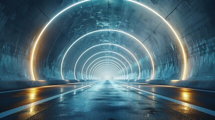 Rendering of 3D architectural tunnel on highway with empty asphalt road - obrazy, fototapety, plakaty