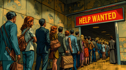 People in line for a job - help wanted sign -0 employment - unemployment - employment statistics - obrazy, fototapety, plakaty