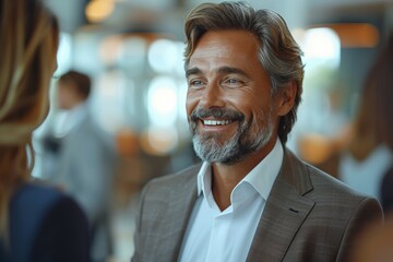 Fototapeta premium Smiling executives brainstorm solutions for business challenges in an office setting
