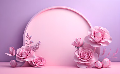 pink color beautiful flowers leaf in studio 3D rendering podium for product display wallpaper