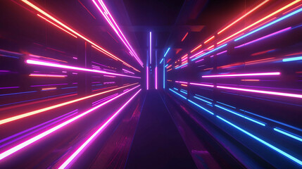 A futuristic tunnel illuminated by vibrant neon light beams, creating a dynamic and high-tech atmosphere with a sense of motion.
