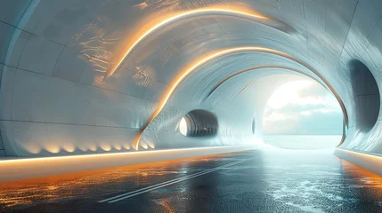 Fotobehang Rendering of 3D architectural tunnel on highway with empty asphalt road © Jennifer