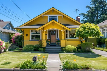 A delightful craftsman cottage facade boasting cheerful yellow hues, complemented by a manicured lawn.