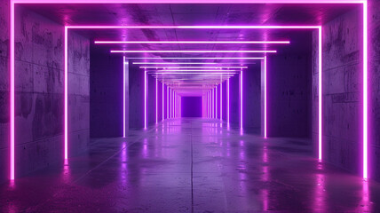 Electric Sci Fi Neon Tunnel Corridor Catwalk Rectangle Laser Futuristic Purple Glowing Pillars Lines Garage Underground Studio 