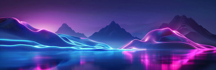 A surreal landscape with neon-lit mountains reflecting in calm water, creating a futuristic and mesmerizing visual effect.
