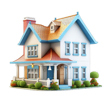 recommend clip art: 3D House clipart on white background . 3D rendering of a floating house in shades of Orange and cyan color, isolated on white background. Illustration