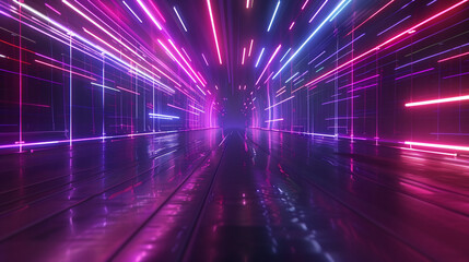 A vibrant scene featuring neon lights streaming through a futuristic tunnel, creating a dynamic and colorful visual effect.
