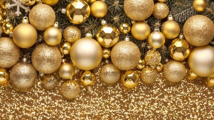  a group of gold christmas ornaments hanging from a christmas tree with a gold glittered wall in the background and snowflakes in the foreground.