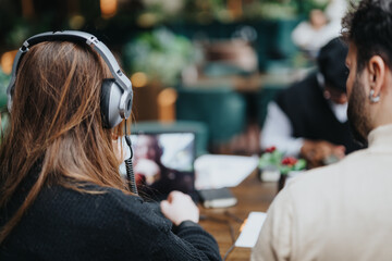 Freelancer with headphones focusing on laptop in busy cafe environment.
