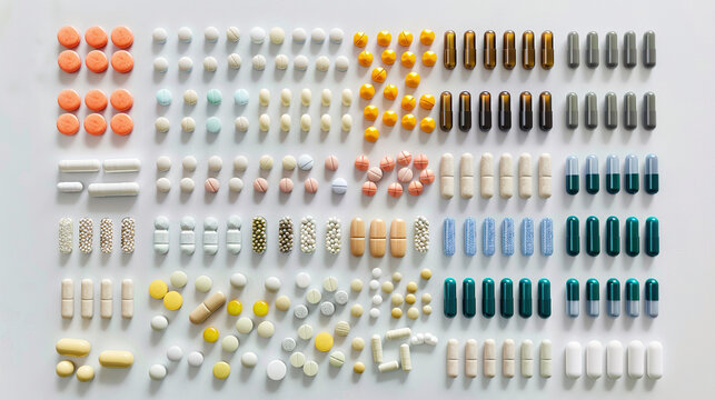 Well-arranged Vitamin Supplements and Pills on White Background